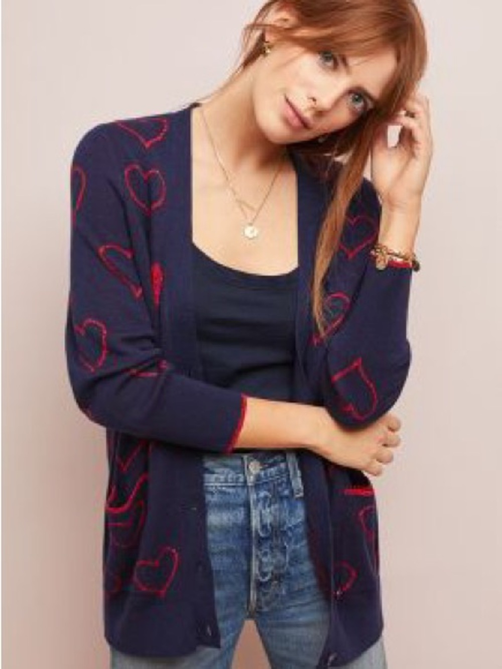 Anthropologie Navy Cardigan with Red Heart Motif
